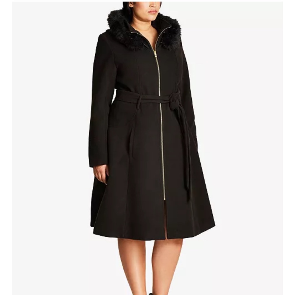 City chic Black Fur Trim Hooded Miss Mysterious Coat Size 18 EUC